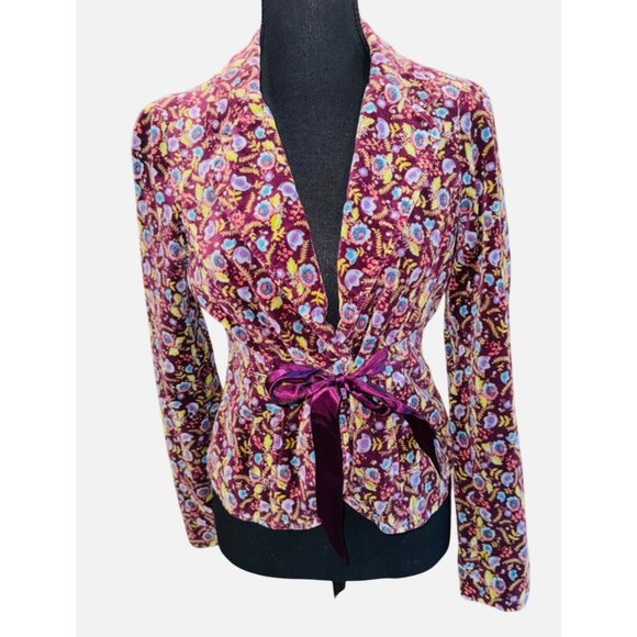 Free People Purple Floral Velvet Jacket Cinch Waist Satin Tie Boho Cottage Core - Picture 1 of 13
